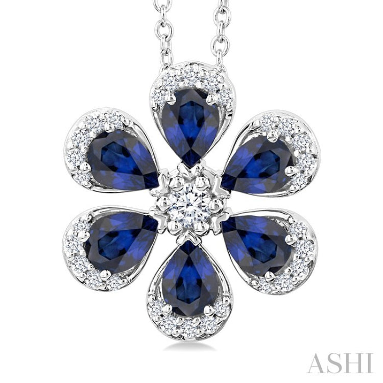 4X3 MM Floral Blossom Pear Cut Sapphire and 1/6 Ctw Round Cut Diamond Precious Pendant With Chain in 14K White Gold