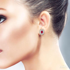 5x3 MM Oval Cut Ruby and 1/10 Ctw Round Cut Diamond Earrings in 14K White Gold