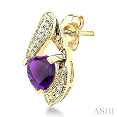 6x6 MM Heart Shape Amethyst and 1/20 Ctw Single Cut Diamond Semi-Precious Earrings in 14K Yellow Gold