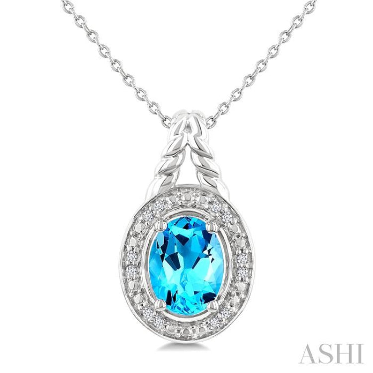9X7 MM Oval Shape Blue Topaz and 1/20 Ctw Round Cut Diamond Semi-precious Pendant With Chain in Sterling Silver