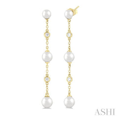 4 MM, 5 MM & 6 MM Round Shape Cultured Pearls and 1/10 Ctw Round Cut Diamond Station Long Earring in 14K Yellow Gold