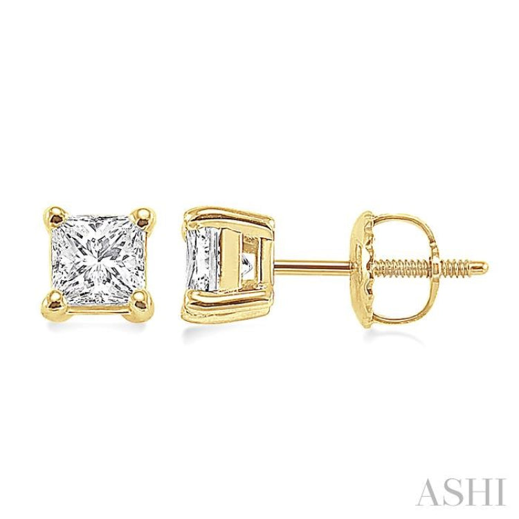 1 Ctw Princess Cut Diamond Stud Earrings in 14K Yellow Gold