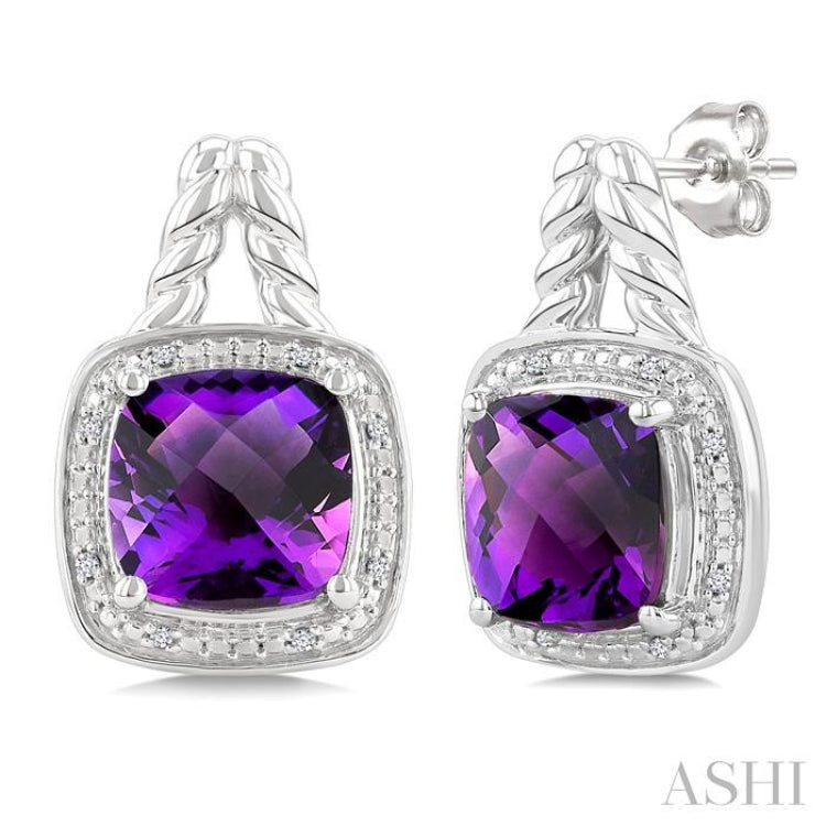 8 MM Cushion Shape Amethyst and 1/20 Ctw Round Cut Diamond Semi-Precious Earrings in Sterling Silver