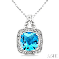10 MM Cushion Shape Blue Topaz and 1/20 Ctw Round Cut Diamond Semi-precious Pendant With Chain in Sterling Silver