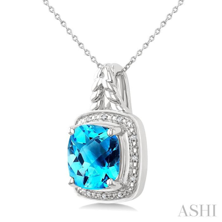 10 MM Cushion Shape Blue Topaz and 1/20 Ctw Round Cut Diamond Semi-precious Pendant With Chain in Sterling Silver
