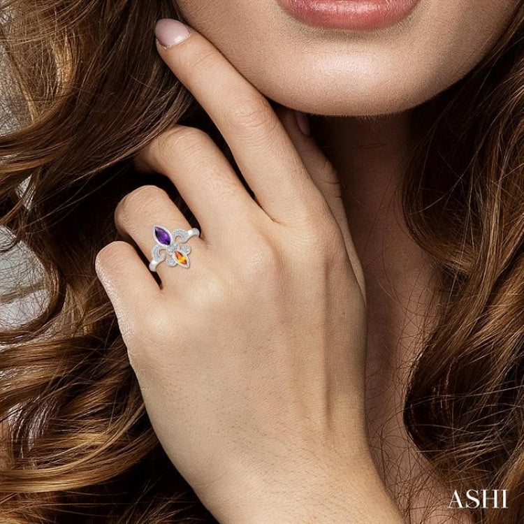 8x4 MM Marquise Cut Amethyst & 6X3 MM Marquise Cut Citrine and 1/50 Ctw Round Cut Diamond Fleur De Lis Ring in Sterling Silver