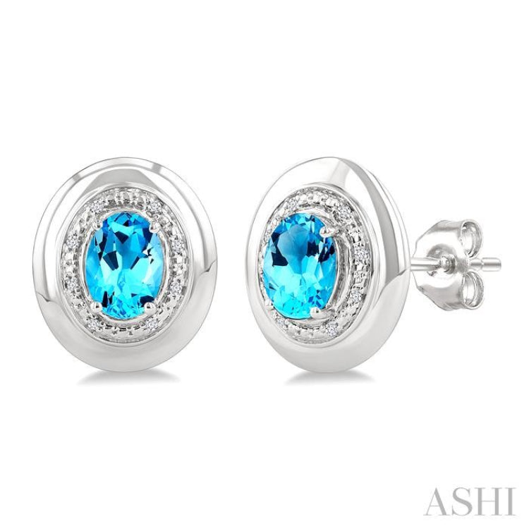 7X5 MM Oval Shape Blue Topaz and 1/20 Ctw Single Cut Diamond Semi-Precious Earrings in Sterling Silver