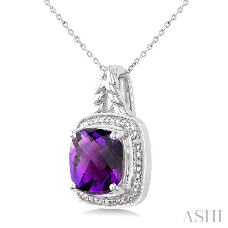 10 MM Cushion Shape Amethyst and 1/20 Ctw Round Cut Diamond Semi-precious Pendant With Chain in Sterling Silver