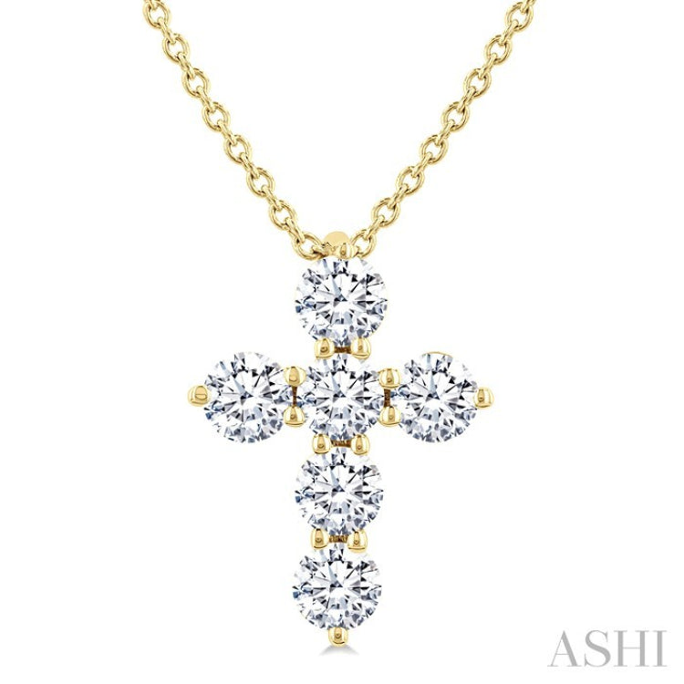 1/2 Ctw Round Cut Diamond Christian Cross 6-Stone Fashion Pendant With Chain in 14K Yellow Gold