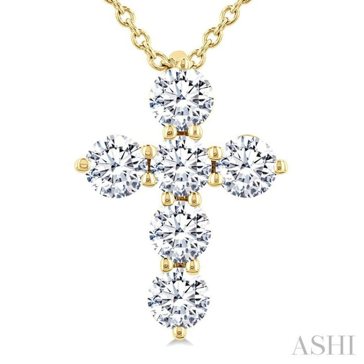 1/2 Ctw Round Cut Diamond Christian Cross 6-Stone Fashion Pendant With Chain in 14K Yellow Gold