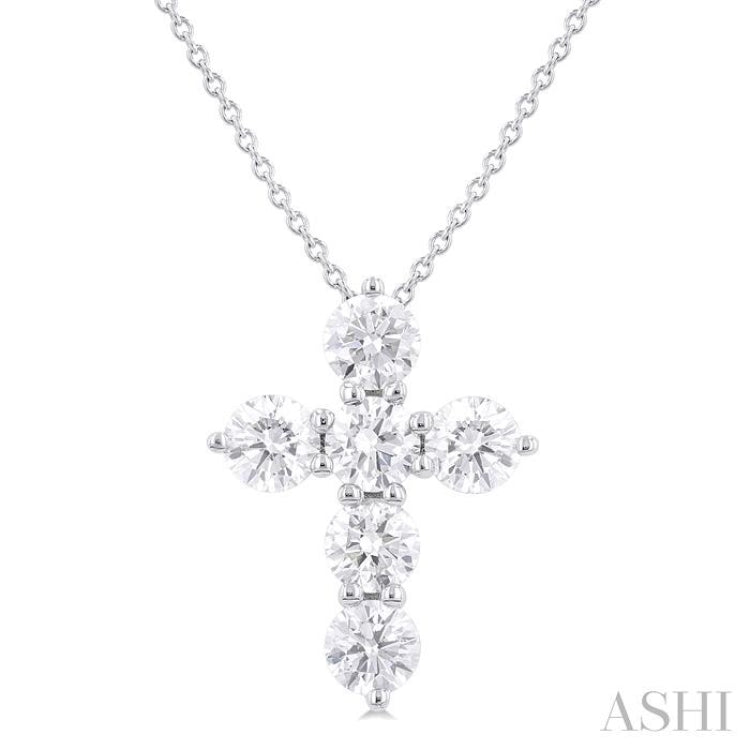 1 1/2 Ctw Round Cut Diamond Christian Cross 6-Stone Fashion Pendant With Chain in 14K White Gold