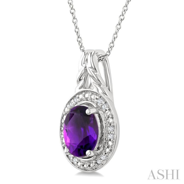 9X7 MM Oval Shape Amethyst and 1/20 Ctw Round Cut Diamond Semi-precious Pendant With Chain in Sterling Silver