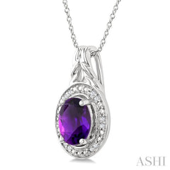 9X7 MM Oval Shape Amethyst and 1/20 Ctw Round Cut Diamond Semi-precious Pendant With Chain in Sterling Silver