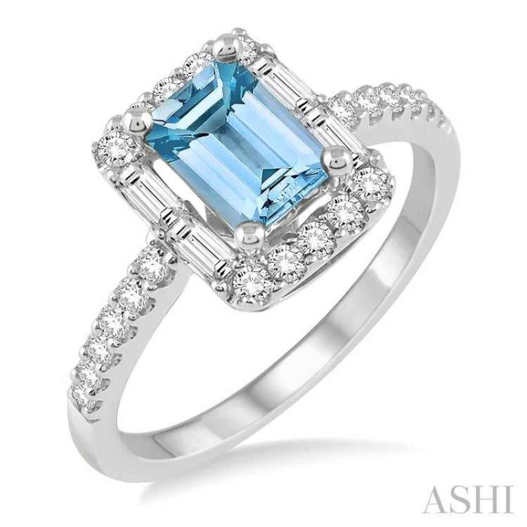 7x5 MM Emerald Cut Aquamarine and 1/2 Ctw Diamond Semi-Precious Ring in 14K White Gold