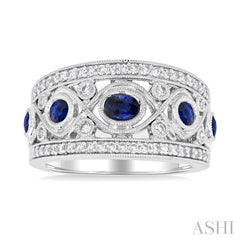 4x3 MM Oval, 2.8 MM and 2.4 MM Round Cut Sapphire and 3/8 Ctw Criss Cross Framework Single Cut Diamond Precious Band in 14K White Gold