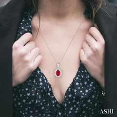 6x4 MM Oval Cut Ruby and 1/8 Ctw Round Cut Diamond Center Sunflower Precious Pendant in 10K White Gold with chain