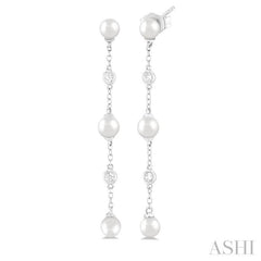 4 MM Round Shape Cultured Pearl and 1/20 Ctw Round Cut Diamond Station Long Earrings in 14K White Gold