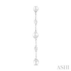 4 MM Round Shape Cultured Pearl and 1/20 Ctw Round Cut Diamond Station Long Earrings in 14K White Gold
