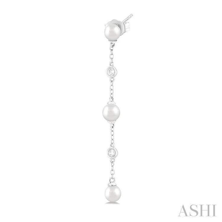 4 MM Round Shape Cultured Pearl and 1/20 Ctw Round Cut Diamond Station Long Earrings in 14K White Gold