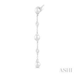 4 MM Round Shape Cultured Pearl and 1/20 Ctw Round Cut Diamond Station Long Earrings in 14K White Gold