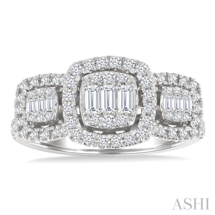 3/4 Ctw Cushion Shape Past, Present & Future Fusion Baguette and Round Cut Diamond Engagement Ring in 14K White Gold
