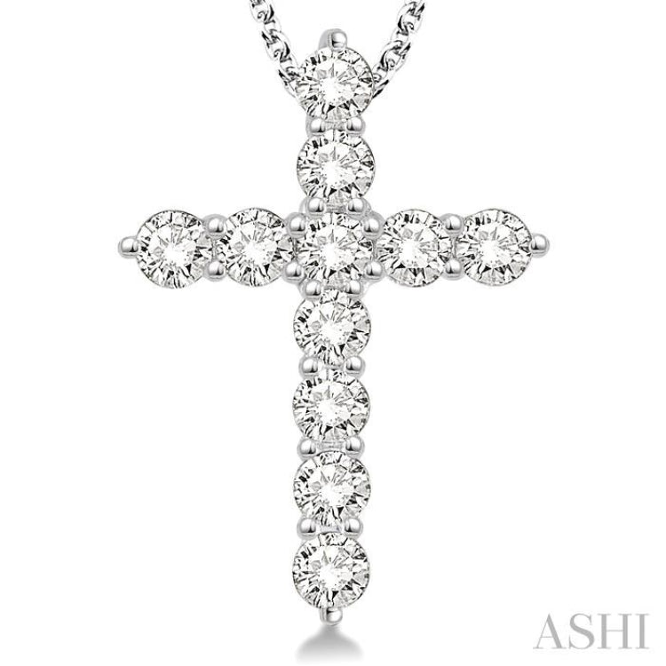 2 Ctw Round Cut Diamond Cross Pendant in 14K White Gold with Chain