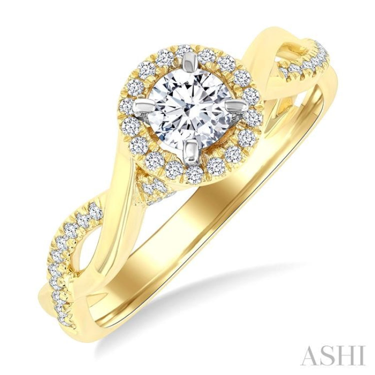 1/2 Ctw Circular Shape Open Twist Shank With 1/3 Ctw Center Stone Round Cut Diamond Halo Engagement Ring in 14K Yellow and White Gold