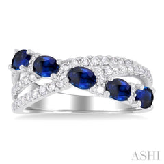 4X3 MM Oval Cut Sapphire and 1/2 Ctw Round Cut Diamond Split Criss Cross Precious Ring in 14K White Gold
