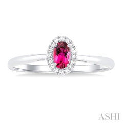 5x3 MM Oval Shape Pink Tourmaline and 1/20 Ctw Round Cut Diamond Halo Semi-Precious Ring in 14K White Gold