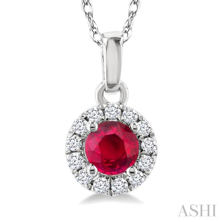 3.25 MM Round Ruby and 1/20 Ctw Round Cut Diamond Halo Precious Pendant with Chain in 10K White Gold