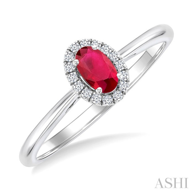 5x3 MM Oval Shape Ruby and 1/20 Ctw Round Cut Diamond Halo Precious Ring in 10K White Gold