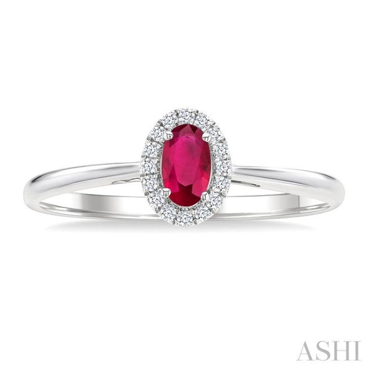 5x3 MM Oval Shape Ruby and 1/20 Ctw Round Cut Diamond Halo Precious Ring in 10K White Gold