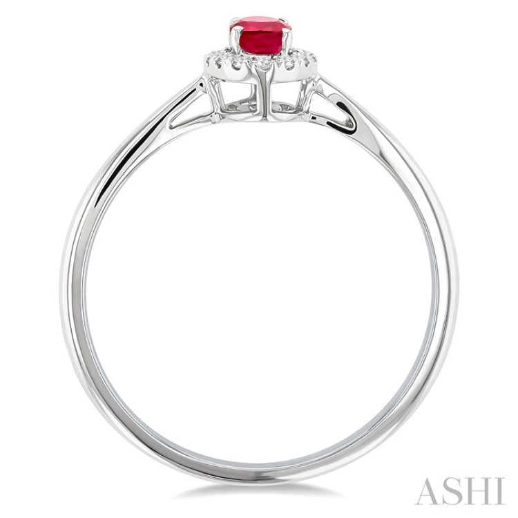 5x3 MM Oval Shape Ruby and 1/20 Ctw Round Cut Diamond Halo Precious Ring in 10K White Gold