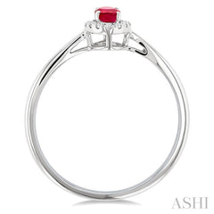 5x3 MM Oval Shape Ruby and 1/20 Ctw Round Cut Diamond Halo Precious Ring in 10K White Gold
