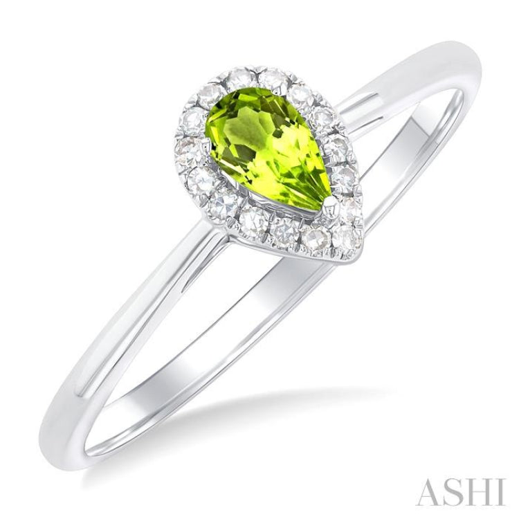 5x3 MM Pear Shape Peridot and 1/20 Ctw Round Cut Diamond Halo Semi-Precious Ring in 10K White Gold