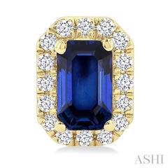 5x3 MM Octagonal Shape Sapphire and 1/8 Ctw Round Cut Diamond Halo Precious Stud Earrings in 14K Yellow Gold