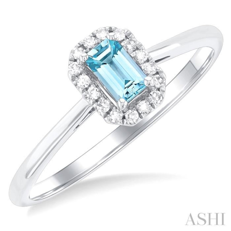 5x3 MM Octagonal Shape Aquamarine and 1/20 Ctw Round Cut Diamond Halo Semi-Precious Ring in 14K White Gold