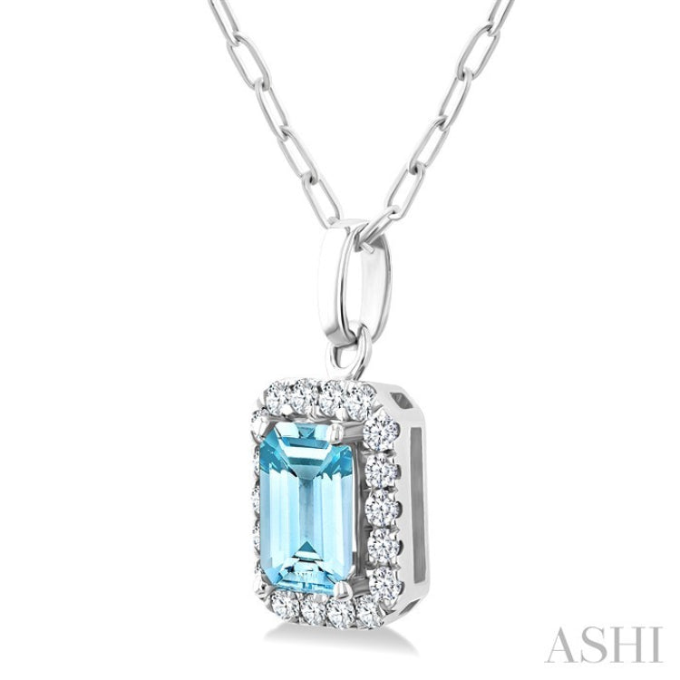 6x4 MM Octagonal Shape Aquamarine and 1/6 Ctw Round Cut Diamond Halo Semi-Precious Pendant with Chain in 10K White Gold