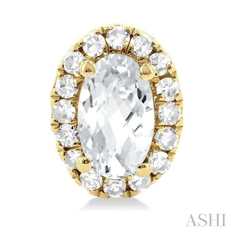 5x3 MM Oval Shape White Topaz and 1/8 Ctw Round Cut Diamond Halo Semi-Precious Stud Earrings in 10K Yellow Gold