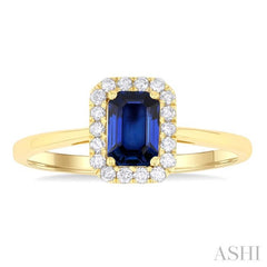 6x4 MM Octagonal Shape Sapphire and 1/6 Ctw Round Cut Diamond Halo Precious Ring in 10K Yellow Gold
