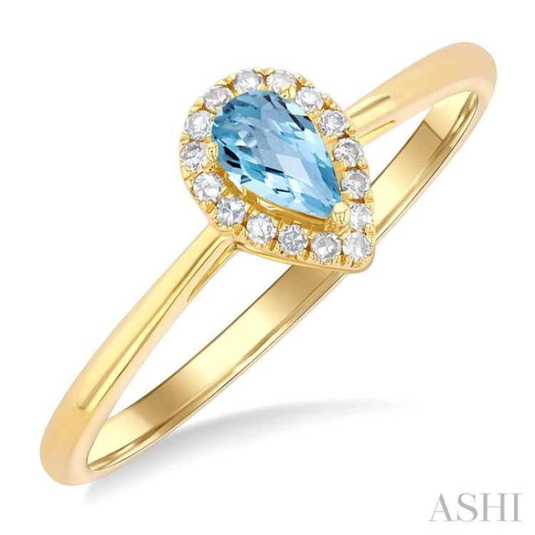 5x3 MM Pear Shape Aquamarine and 1/20 Ctw Round Cut Diamond Halo Semi-Precious Ring in 10K Yellow Gold
