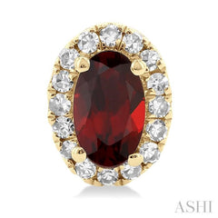 5x3 MM Oval Shape Garnet and 1/8 Ctw Round Cut Diamond Halo Semi-Precious Stud Earrings in 14K Yellow Gold