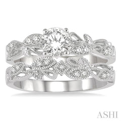 3/8 Ctw Leaf Lattice Diamond Wedding Set With 1/3 Ctw Round Cut Engagement Ring and 1/20 Ctw Wedding Band in 14K White Gold