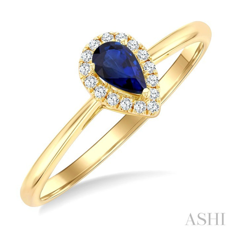 5x3 MM Pear Shape Sapphire and 1/20 Ctw Round Cut Diamond Halo Precious Ring in 10K Yellow Gold