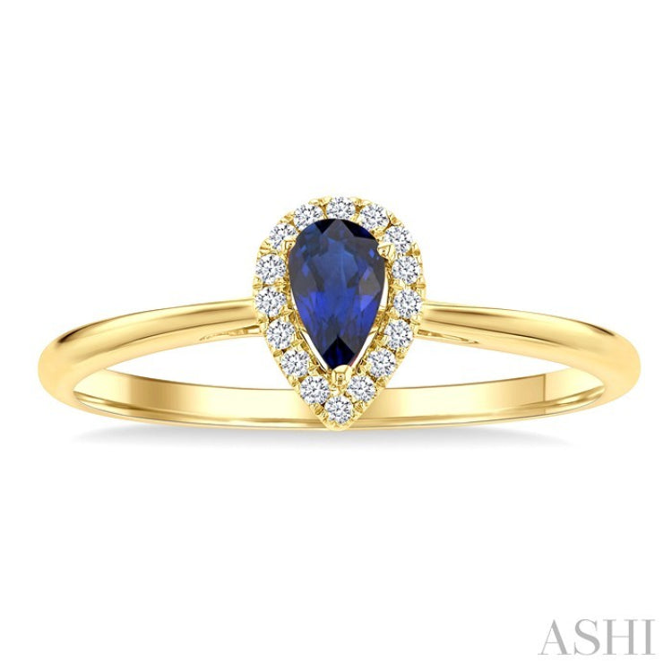 5x3 MM Pear Shape Sapphire and 1/20 Ctw Round Cut Diamond Halo Precious Ring in 10K Yellow Gold