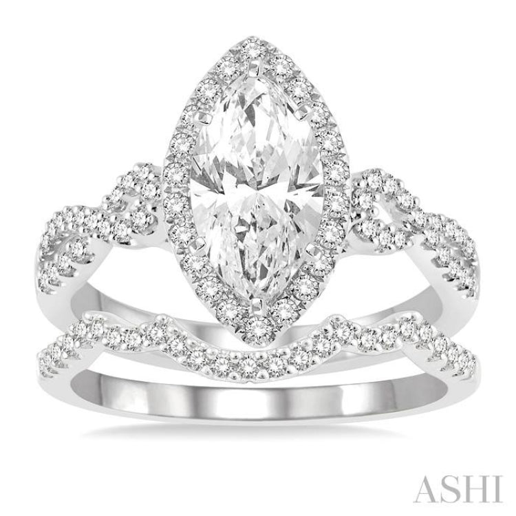 1 1/6 Ctw Round Cut Diamond Wedding Set With 1 Ctw Split Bow Shank Marquise Cut Engagement Ring and 1/6 Ctw Triple Arch Wedding Band in 14K White Gold
