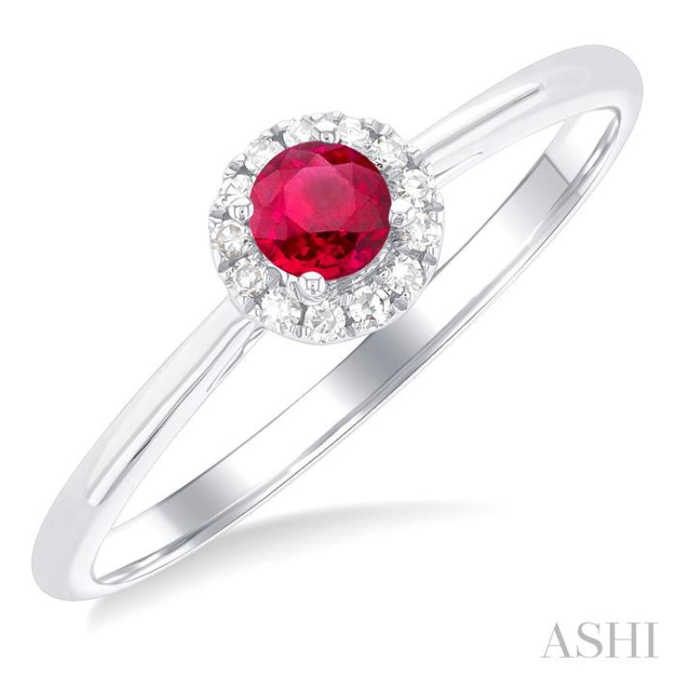 3.25 MM Round Ruby and 1/20 Ctw Single Cut Diamond Halo Precious Ring in 10K White Gold