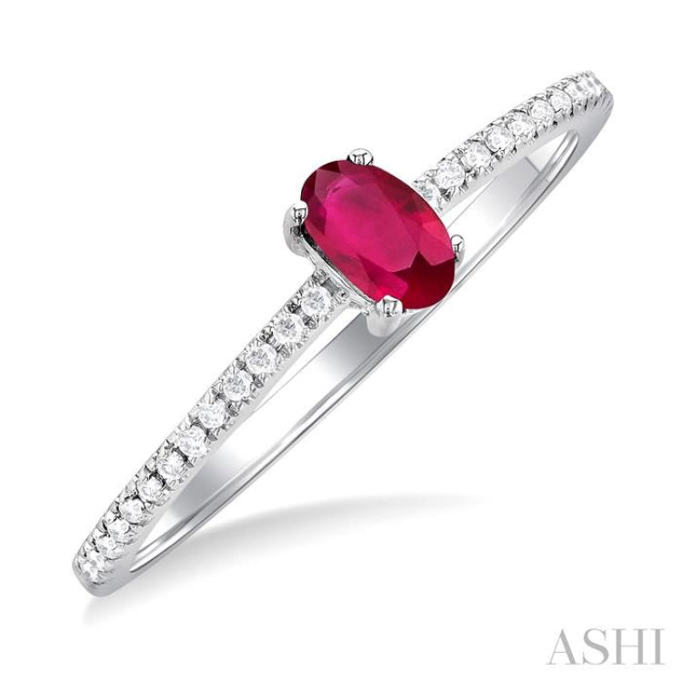 5x3 MM Oval Cut Ruby and 1/10 Ctw Petite Round Cut Diamond Precious Fashion Ring in 10K White Gold