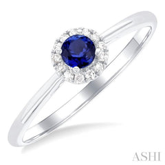 3.25 MM Round Sapphire and 1/20 Ctw Round Cut Diamond Halo Precious Ring in 14K White Gold
