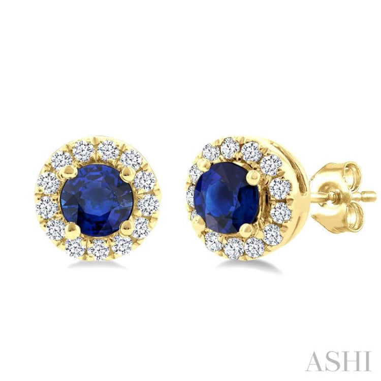 3.25 MM Round Sapphire and 1/10 Ctw Round Cut Diamond Halo Precious Stud Earrings in 10K Yellow Gold